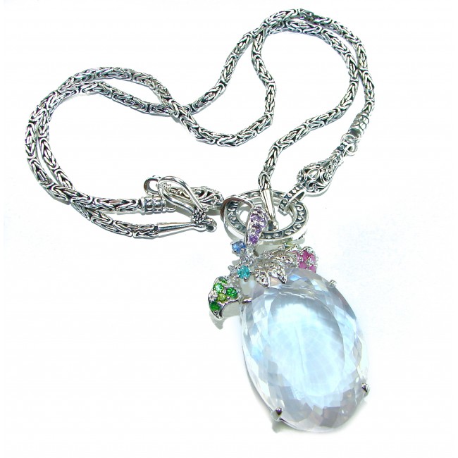Precious genuine 42.9 carat Brazilian Rose Quartz .925 Sterling Silver handcrafted HEAVY Necklace, 20 inches long