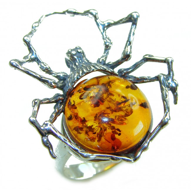 Golden Spider Authentic Baltic Amber .925 Sterling Silver handcrafted ring; s. 7 adjustable