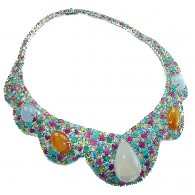 157.8 grams Marie Antoinette's Style Natural multi color Gems .925 Sterling Silver handmade Necklace