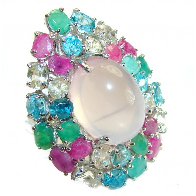 Marie Antoinette's STYLE authentic 32.5 carat Brazilian Rose Quartz .925 Sterling Silver handcrafted Statement ring; s. 8