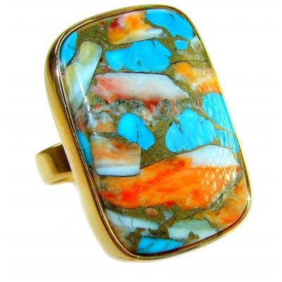 Rare 48.5 carat Oyster Turquoise 18K Gold over .925 Sterling Silver handcrafted Large ring; s. 7 adjustable