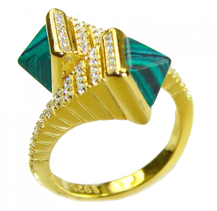 Outstanding authentic 5.9 carat Malachite 18K Gold over .925 Sterling Silver handcrafted ring size 6