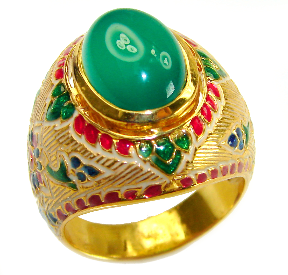 Purity Wisdom Prosperity 8.5 carat Jade Enamel 18K Gold over .925 Sterling Silver Huge handcrafted Ring s. 8 1/2
