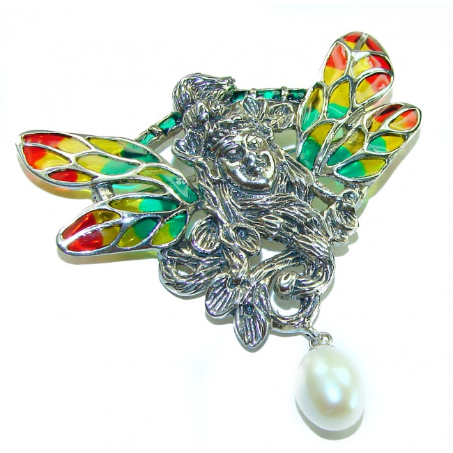 Mother Nature genuine Enamel Pearl .925 Sterling Silver handmade Pendant - Brooch