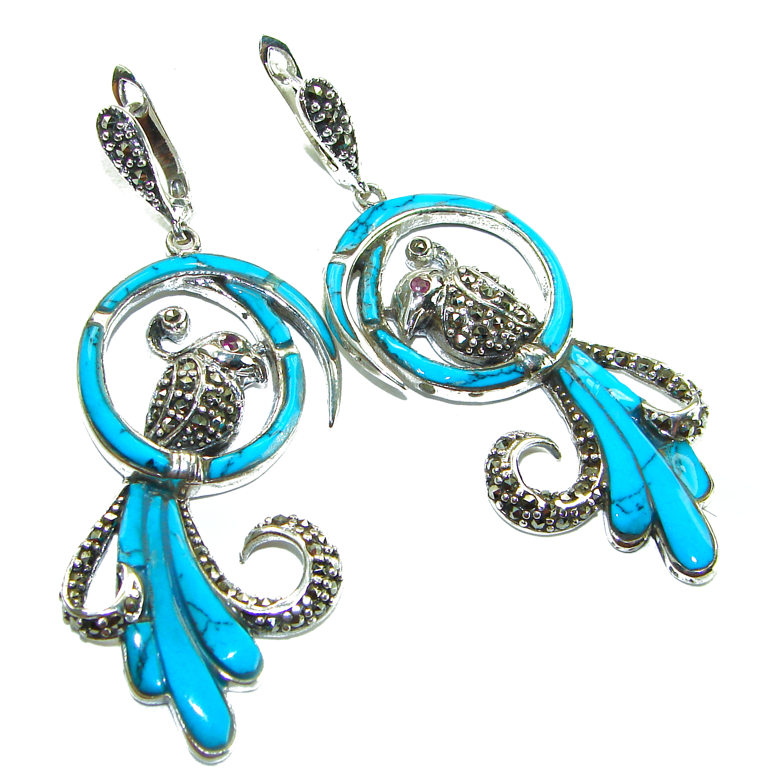 Long! Blue Parrots Natural inlay Turquoise Marcasite .925 Sterling Silver handmade Statament earrings