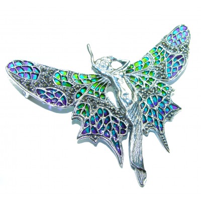 Large Natural Enamel Elf .925 Sterling Silver Brooch Pendant