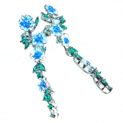 FLORAL DESIGN 0.5 carat London blue Topaz Enamel .925 Sterling Silver handcrafted Chain earrings