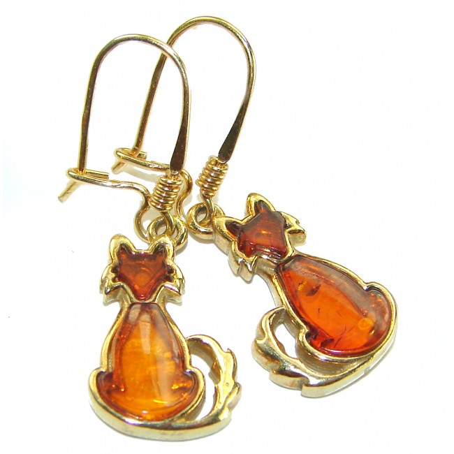 Golden Cats Natural Amber 14K Gold over .925 Sterling Silver handmade earrings