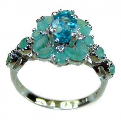 Splendid 4.6 carat authentic Aquamarine Colombian Emerald .925 Sterling Silver Handcrafted Ring size 5