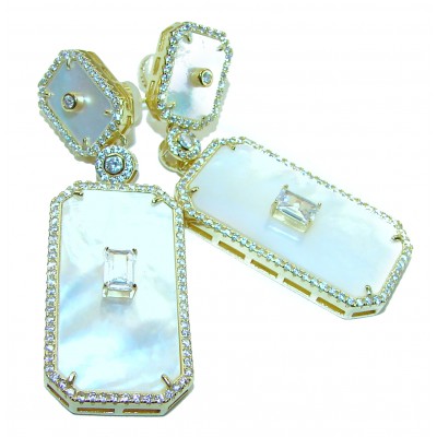 Genuine Blister Pearl 0.6 carat lab grown Diamond 18K Gold over .925 Sterling Silver handcrafted Large Statement Earrings