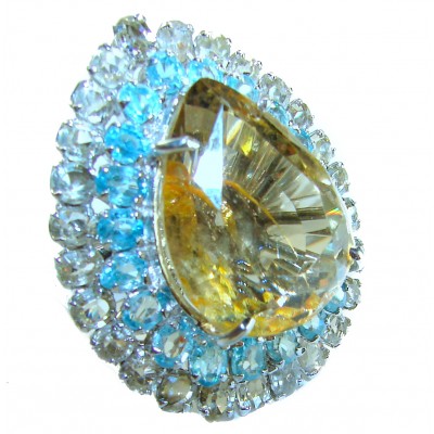 Giovanna Incredible Design 78.5 carat Champagne Topaz Swiss Blue Topaz .925 Sterling Silver handmade Ring size 8