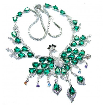 65.2 carat Graceful Peacock Natural Colombian Emerald .925 Sterling Silver handcrafted Statement necklace
