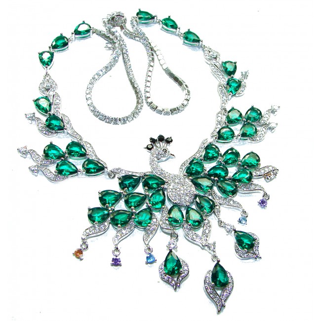 65.2 carat Graceful Peacock Natural Colombian Emerald .925 Sterling Silver handcrafted Statement necklace