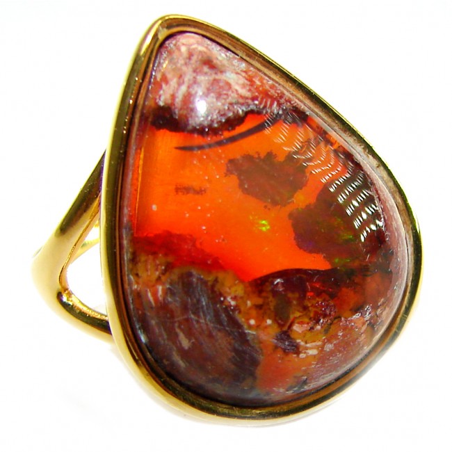 Inner Fire 17.5 carat Authentic Mexican Opal 14K Gold over .925 Sterling Silver handcrafted ring size 7 1/4