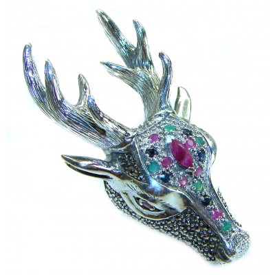 Unisex - Large Deer Head Authentic Ruby Marcasite .925 Sterling Silver handmade Ring size 7