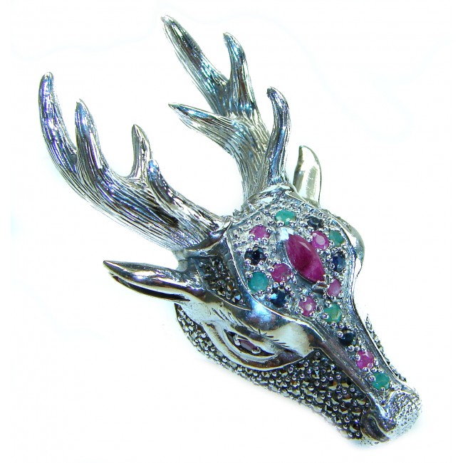 Unisex - Large Deer Head Authentic Ruby Marcasite .925 Sterling Silver handmade Ring size 7