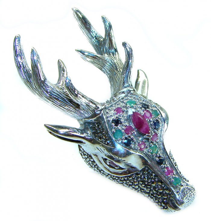 Unisex - Large Deer Head Authentic Ruby Marcasite .925 Sterling Silver handmade Ring size 7 - video