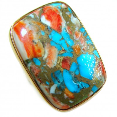 Rare 49.5 carat Oyster Turquoise 18K Gold over .925 Sterling Silver handcrafted Large ring; s. 7 adjustable
