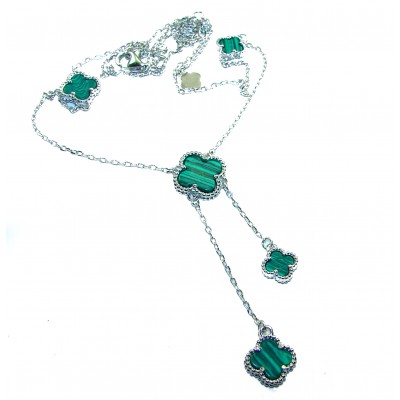 Outstanding authentic inlay Malachite Lucky Four Leaf Clover .925 Sterling Silver necklace