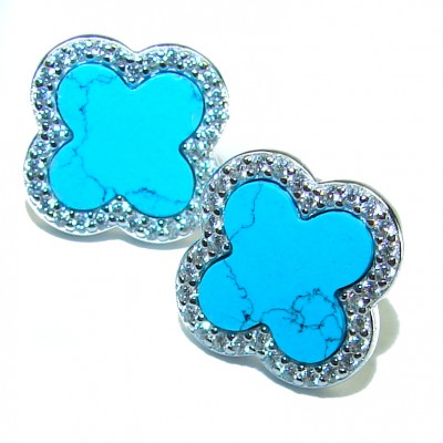 Lucky Four-leaf clover natural inlay Turquoise .925 Sterling Silver handcrafted Earrings