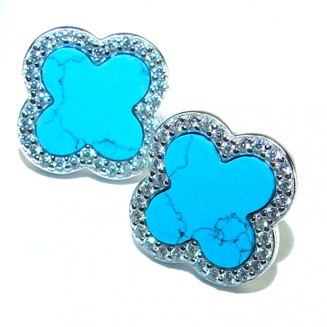 Lucky Four-leaf clover natural inlay Turquoise .925 Sterling Silver handcrafted Earrings