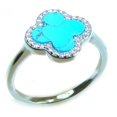 Lucky Four-leaf clover natural inlay Turquoise .925 Sterling Silver handcrafted ring s. 9