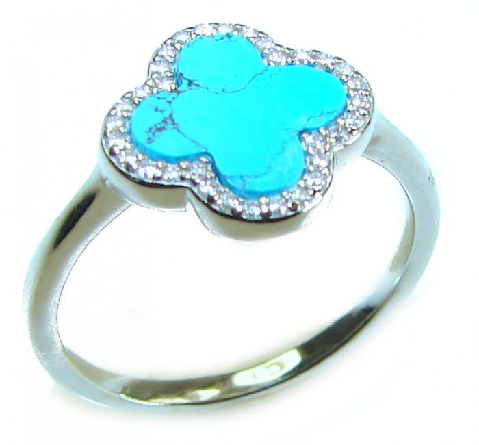 Lucky Four-leaf clover natural inlay Turquoise .925 Sterling Silver handcrafted ring s. 9