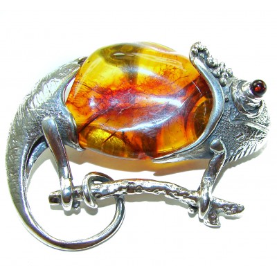 Spectacular Big Chameleon lizard Natural Baltic Amber .925 Sterling Silver handmade Pendant Brooch