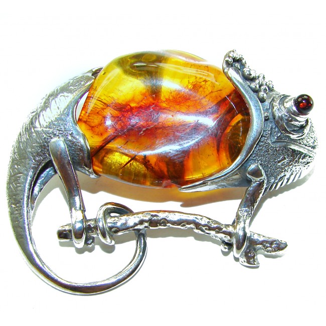 Spectacular Big Chameleon lizard Natural Baltic Amber .925 Sterling Silver handmade Pendant Brooch