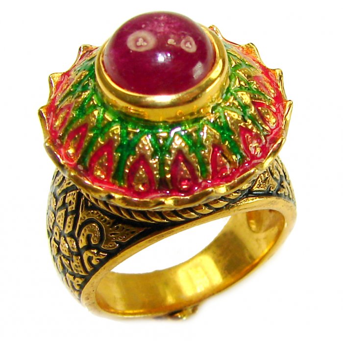 Purity Wisdom Prosperity 4.3 carat Ruby Enamel 18K Gold over .925 Sterling Silver Huge handcrafted Ring s. 6 3/4 - video