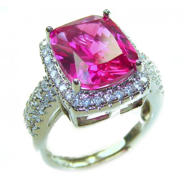Fuchsia 8.5 carat oval emerald cut Pink Sapphire .925 Silver handcrafted Cocktail Ring s. 6 adjustable