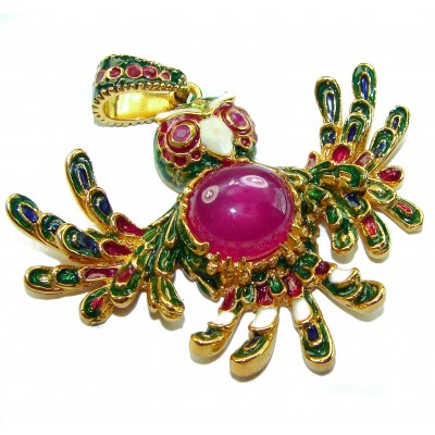 Precious Parrot Natural 8.2 carat Star Ruby Enamel 18K Gold over .925 Sterling Silver Pendant