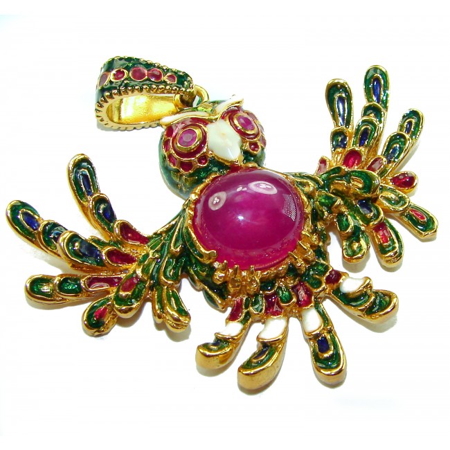 Precious Parrot Natural 8.2 carat Star Ruby Enamel 18K Gold over .925 Sterling Silver Pendant