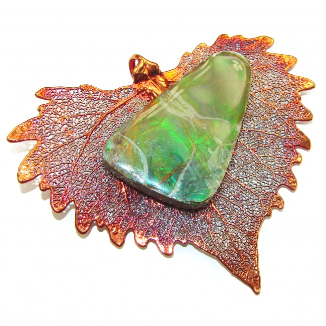 Rain Drop REAL Leaf dipped in copper Canadian Ammolite & .925 Sterling Silver Pendant