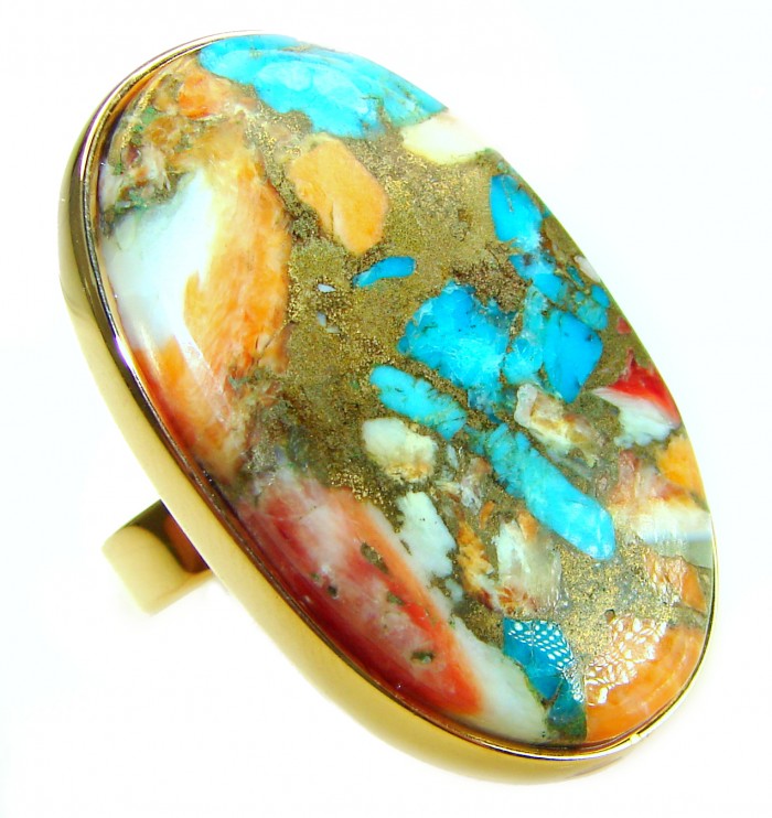 Rare 31.5 carat Oyster Turquoise 18K Gold over .925 Sterling Silver handcrafted Large ring; s. 8 adjustable