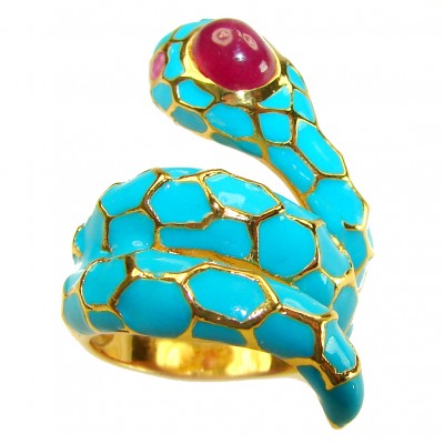 Blue Snake inlay Truquoise Enamel 1.8 carat natural Ruby 18K Gold over .925 Sterling Silver Huge handcrafted Ring s. 8 1/2