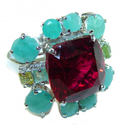 Tiffany - 22.2 carat natural Ruby Emerald .925 Sterling Silver Handcrafted Statement Ring size 6