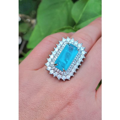 Luxurious baquette Cut 26.5 ctw Paraiba Tourmaline .925 Sterling Silver handcrafted Statement Ring size 6