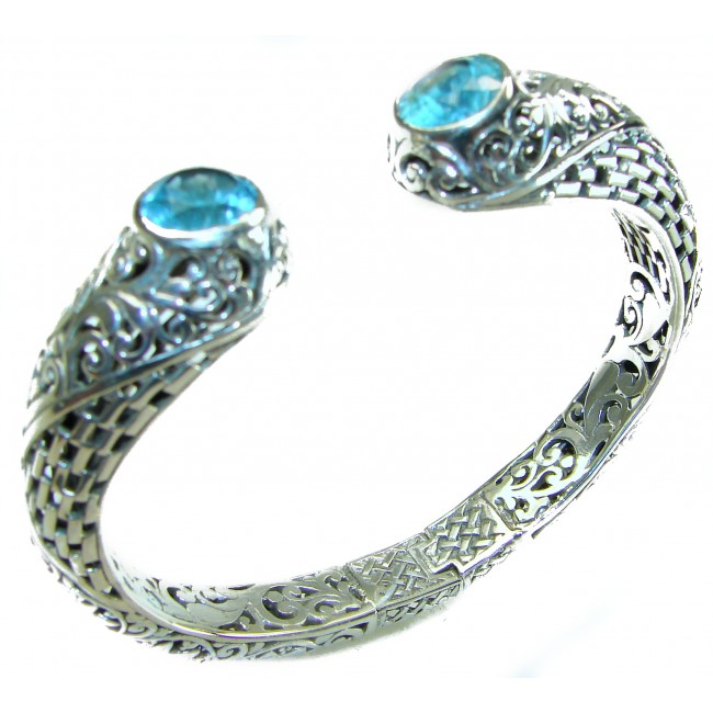Large and Heavy Bali Legacy 45.5 grams authentic 10.9 carat Swiss Blue topaz Floral Bracelet in .925 Sterling Silver handcrafted