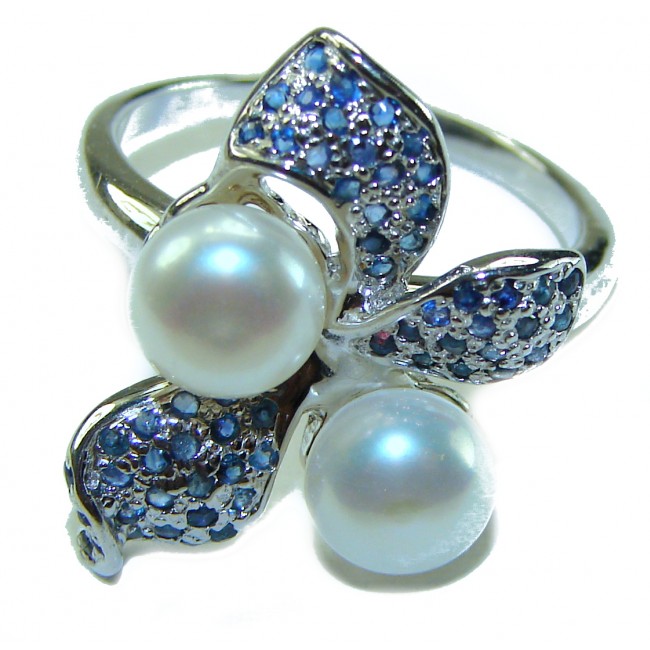 White Flower Pearl Sapphire .925 Sterling Silver brilliantly handcrafted ring s. 8 1/4