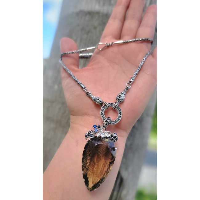 Nirvana - Outstanding quality carved 52.5 carat Smoky Topaz .925 Sterling Silver handcrafted Statement necklace