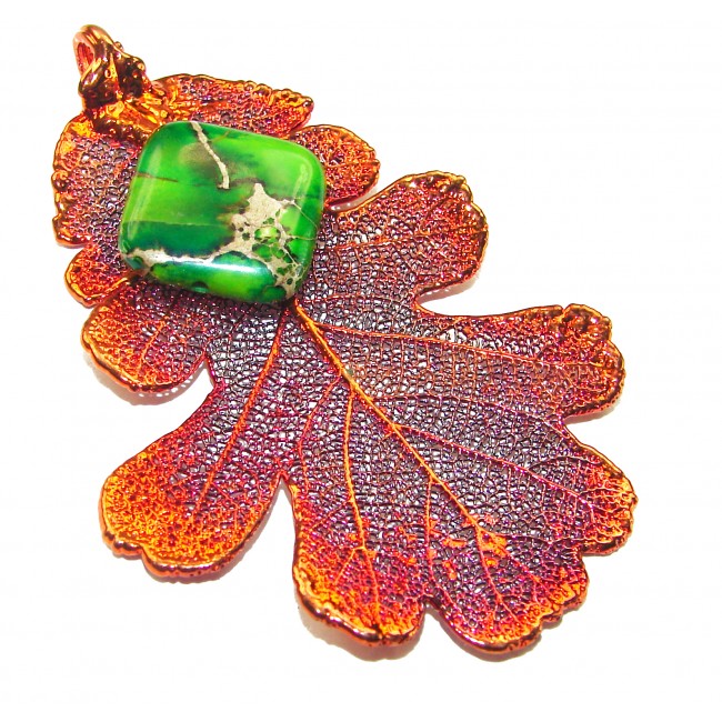 Rain Drop REAL Leaf dipped in copper Sea sediment Jasper & .925 Sterling Silver Pendant