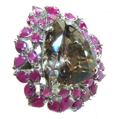 Protective Energy 19.5 carat Champagne Topaz Ruby .925 Sterling Silver Oversized Ring size 7 3/4