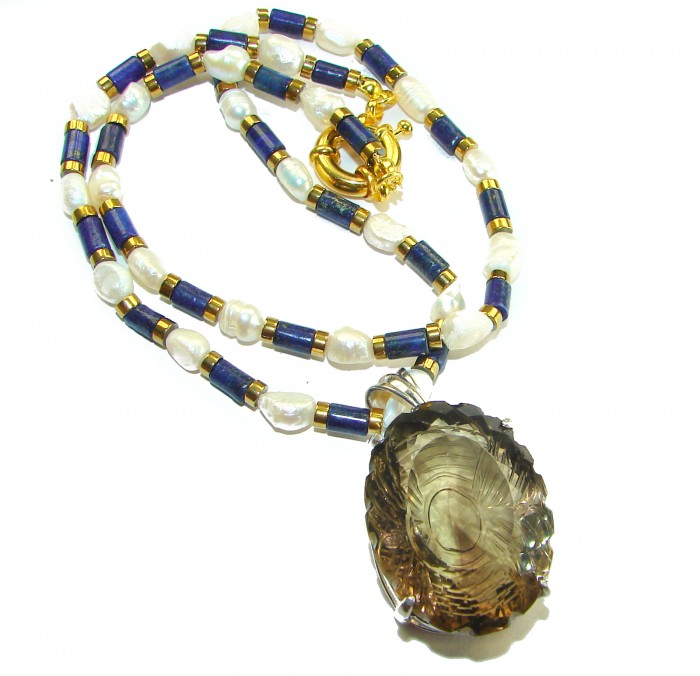 Truly Outstanding LARGE carved Smoky Topaz 14k Gold over .925 Sterling Silver handcrafted Statement necklace