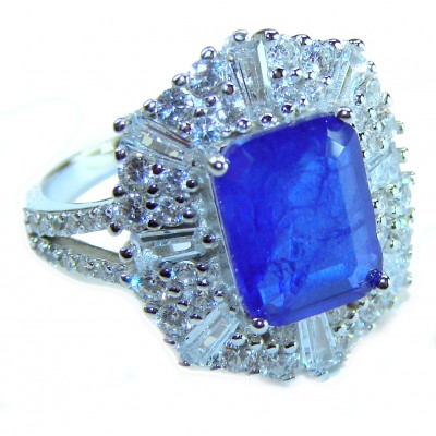 Art Deco Genuine 6.5 carat Sapphire .925 Sterling Silver handcrafted Ring size 7 1/2