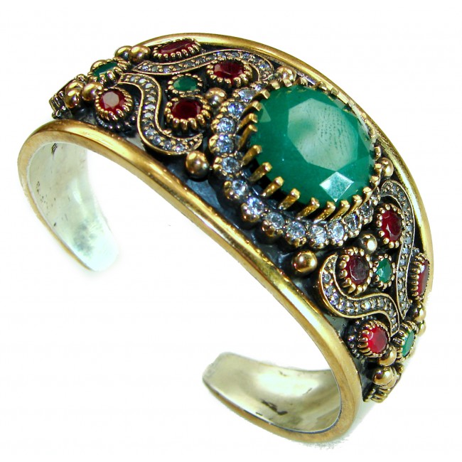 Victorian Style 22.5 carat Emerald & White Topaz .925 Sterling Silver Bracelet / Cuff