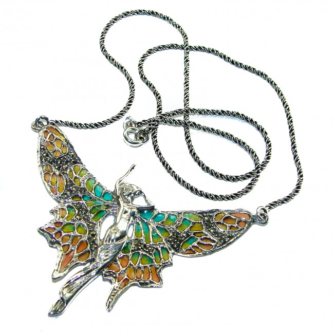 Awesome Flying Fairy Natural Enamel .925 Silver handcrafted Necklace