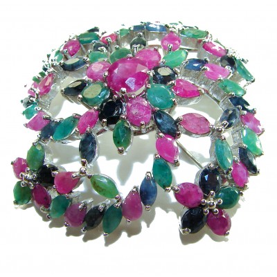 Heirloom Genuine 65.5 carat Kasmir Ruby Emerald Sapphire .925 Sterling Silver handmade Pendant - Brooch