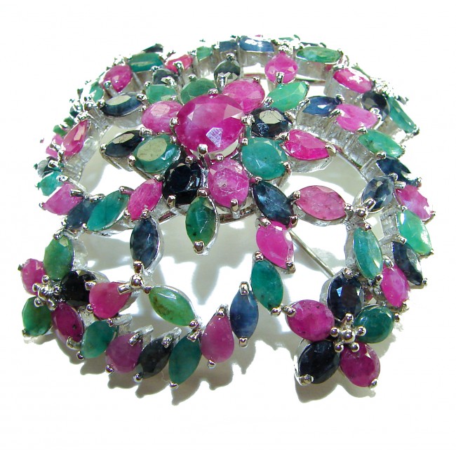Heirloom Genuine 65.5 carat Kasmir Ruby Emerald Sapphire .925 Sterling Silver handmade Pendant - Brooch