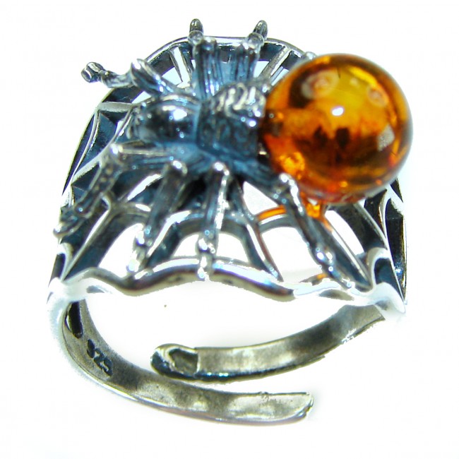 Golden Spider Authentic Baltic Amber .925 Sterling Silver handcrafted ring; s. 7 adjustable